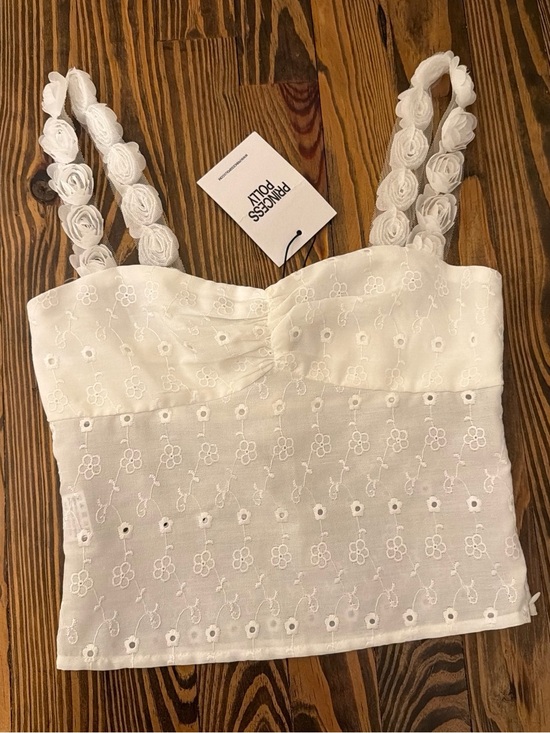 Princess Polly Tops - Princess Polly White Floral Eyelet Cami with Rosette Straps